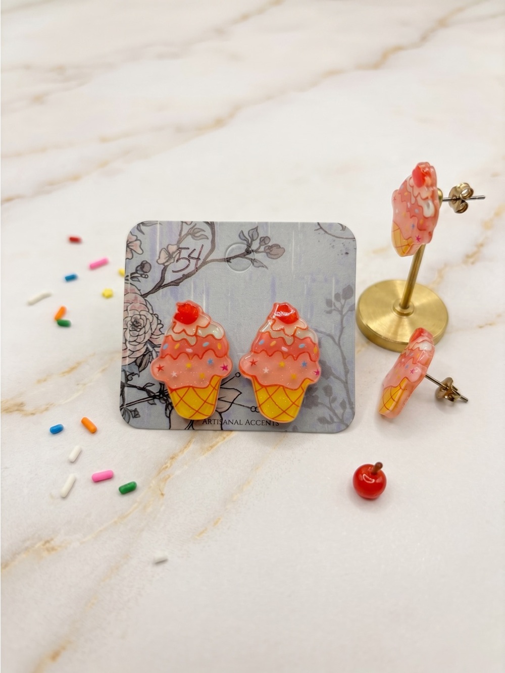 Cute Pink Ice Cream Cone Stud Earrings NWOT Kawaii Dessert Earrings